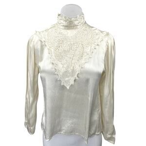 Vintage Gunne Sax White Silk Satin Lace Mock Neck Long Sleeve Blouse Top Size S